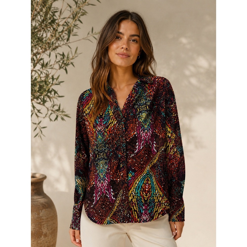 Cato Womens Multi Color Mosaic Abstract‎ Print Ruched Button Down Blouse Large